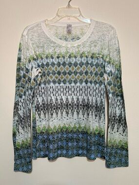 prAna size Large long sleeve green and blue geometric on white